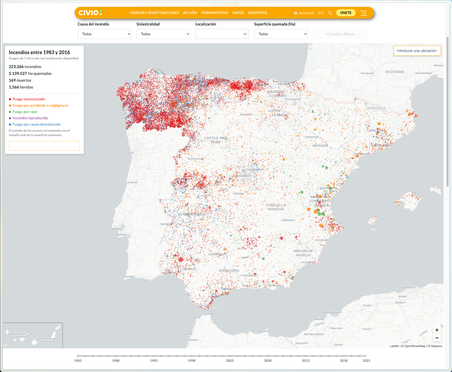 Actualización del mapa de España en llamas